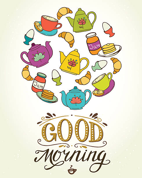 zestaw śniadanie,'good morning'strony litery. - biscotti cookie coffee tea stock illustrations