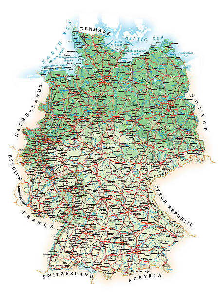 Germany - detailed topographic map - illustration
Map contains:
- topographic contours
- country and land names
- cities
- water objects
- roads
- railways
Source map references:
http://www.lib.utexas.edu/maps/europe/germany.jpg
http://www.lib.utexas.edu/maps/europe/germany_rel_94.jpg
http://www.vidiani.com/large-detailed-road-map-of-germany-with-all-cities-villages-and-airports/
Creation date:
April 02, 2015
Software:
Adobe Illustrator CS5
Used layers: 1 (detailed outline of the map)
germany map regions stock illustrations