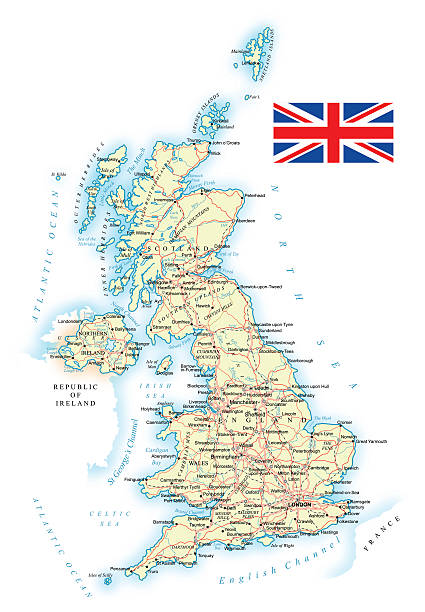 영국-철두철미 맵-일러스트 - uk map british flag england stock illustrations