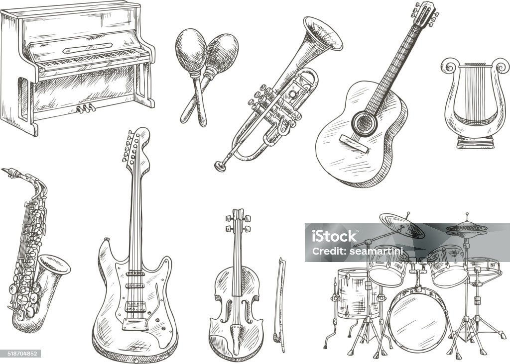 Sletched klassische Musikinstrumente Satz - Lizenzfrei Musikinstrument Vektorgrafik