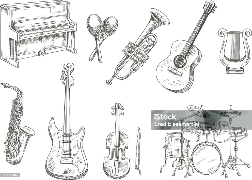 Sletched classic musical instruments set Drum set and piano, saxophone, acoustic and electric guitars, violin and trumpet, ancient greek lyre and wooden maracas engraving sketches Musical Instrument stock vector