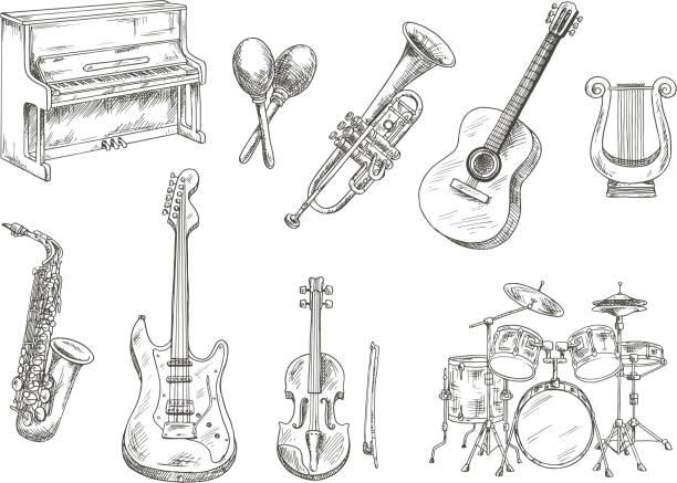 Sletched classic musical instruments set Drum set and piano, saxophone, acoustic and electric guitars, violin and trumpet, ancient greek lyre and wooden maracas engraving sketches guitar drawings stock illustrations