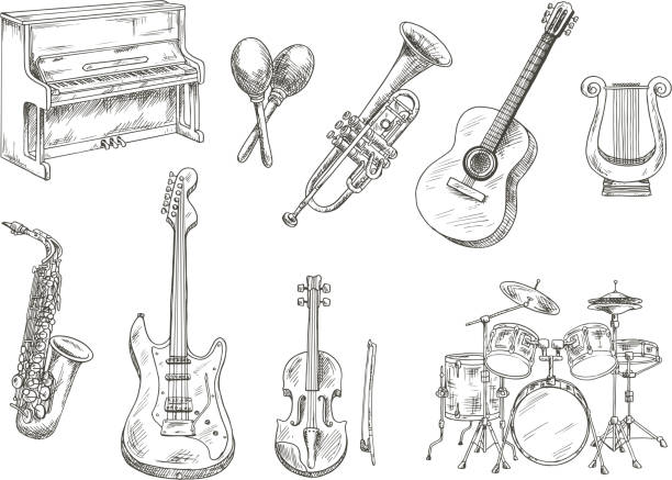 Sletched classic musical instruments set Drum set and piano, saxophone, acoustic and electric guitars, violin and trumpet, ancient greek lyre and wooden maracas engraving sketches rattle drum stock illustrations