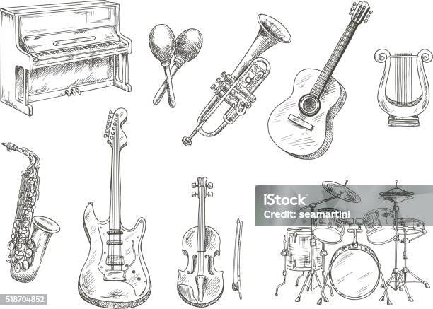 Sletched Classic Musical Instruments Set Stock Illustration - Download Image Now - Musical Instrument, Guitar, Music