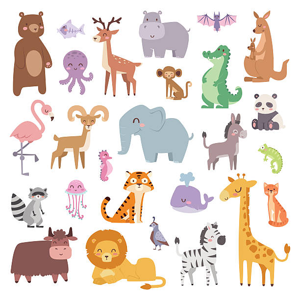 ilustraciones, imágenes clip art, dibujos animados e iconos de stock de zoológico de dibujos animados animales gran conjunto de vida silvestre de mamífero plano ilustración de vectores - zoo animal safari giraffe