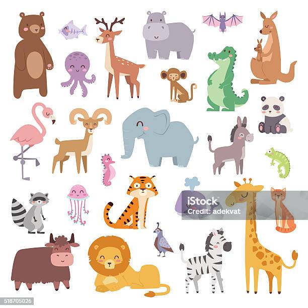 Cartoon Zoo Animals Big Set Wildlife Mammal Flat Vector Illustration Stock Illustration - Download Image Now