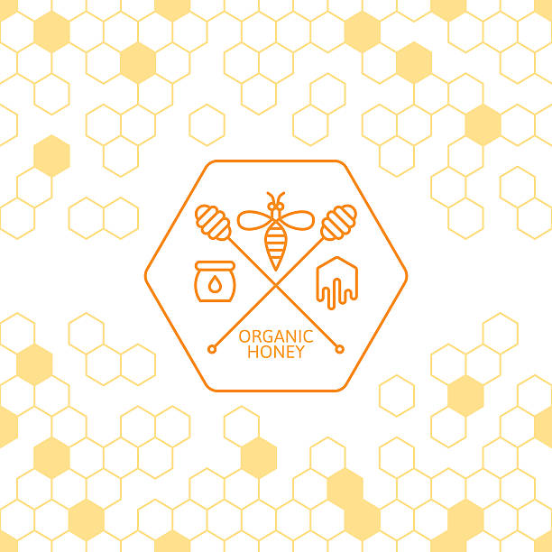 Outline bee and honey dipper symbol. Honey label, tag, sticker design elements. Vector seamless background with honeycombs. Outline bee and honey dipper symbol. Concept for honey package, banner, wrapping. Abstract background. bee patterns stock illustrations