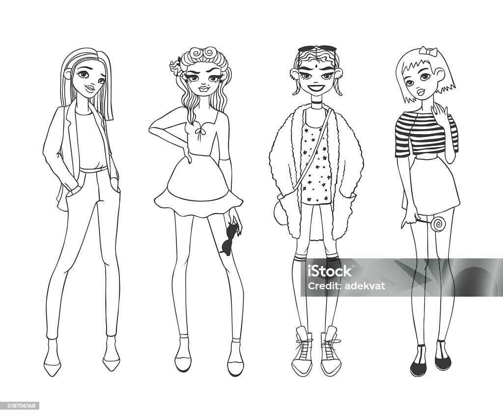 Fashion Girls Pure Beauty Colored Cartoon Sketch Flat Vector Illustration  Stock Illustration - Download Image Now - iStock