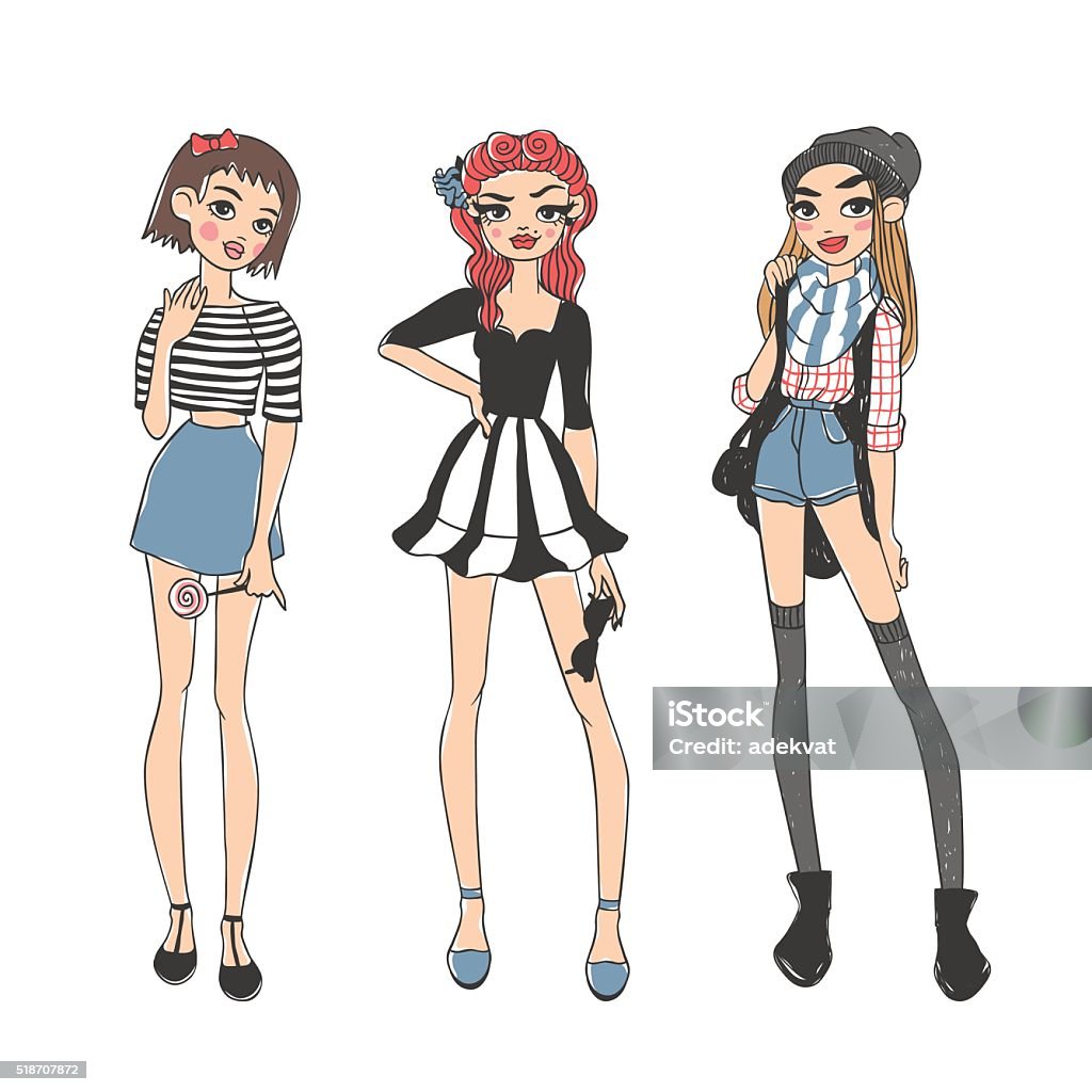 Fashion Girls Pure Beauty Colored Cartoon Sketch Flat Vector Illustration  Stock Illustration - Download Image Now - iStock