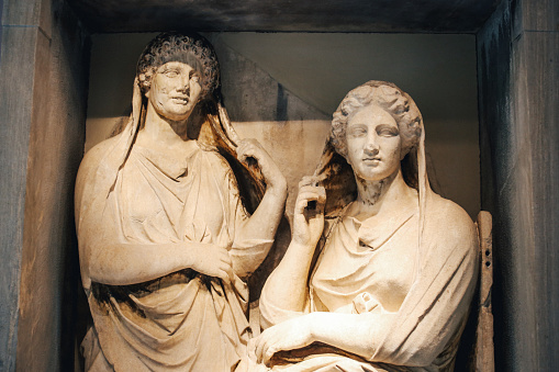 Ancient Greek statues in Athens downtown near Keramikos.  Close up details from the grave relief for two sisters, Demetria e Pamphile from 325-310 BC.