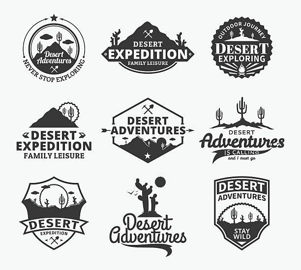Set of vector desert adventures labels Set of vector desert adventures labels. Desert wild nature icons for tourism organizations, outdoor adventures and camping leisure. desert camping stock illustrations