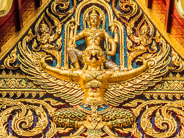 Wat Ratchaburana temple in Bangkok. Also knows as Wat Liap. Constructed in the late Ayutthaya period. The tympanum represents God Vishnu riding his mythological bird Garuda