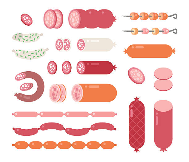 ilustraciones, imágenes clip art, dibujos animados e iconos de stock de salame y salchichas vector de aislado sobre fondo blanco - lunch sausage breakfast bratwurst