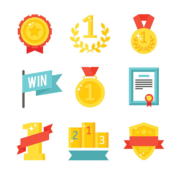 Trophy and awards icons set flat vector illustration Award medal icons and gold award emblem cartoon award icons vector. Trophy and awards icons set flat vector illustration. winners cup icon stock illustrations