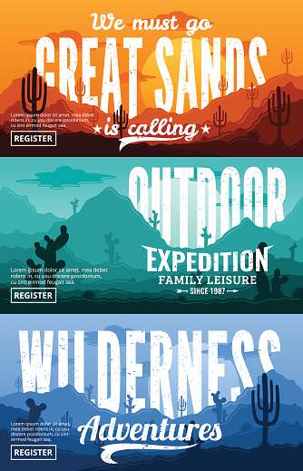 Desert horizontal banner set. Desert wild nature landscapes with cactus, desert herbs, clouds and mountains vector illustration.