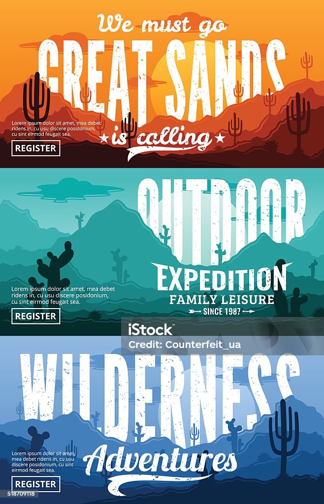 Desert Horizontal Banner Set Desert horizontal banner set. Desert wild nature landscapes with cactus, desert herbs, clouds and mountains vector illustration. Wild West stock vector