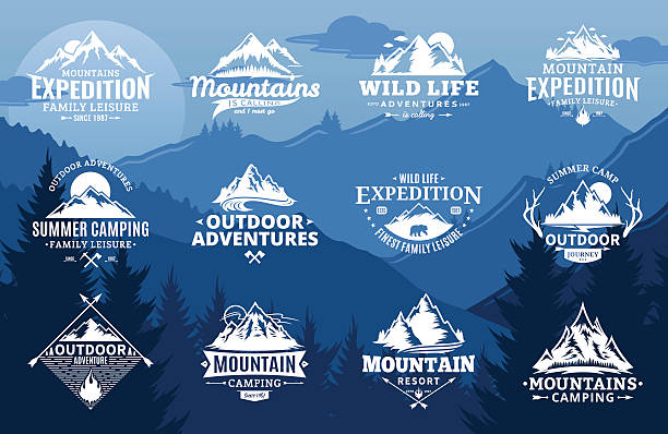 Set of vector mountain and outdoor adventures labels Set of vector mountain and outdoor adventures labels on mountain landscape background. Tourism, hiking and camping labels. Mountains and travel icons for tourism organizations, outdoor events and camping leisure. extreme terrain stock illustrations