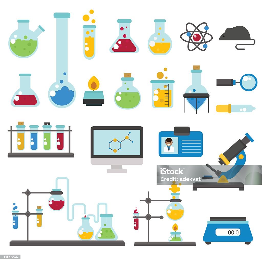 Kimia Vector Grafis Set Kimia Laboratorium Ilmu Vektor Datar Ilustrasi Stok - Unduh ...