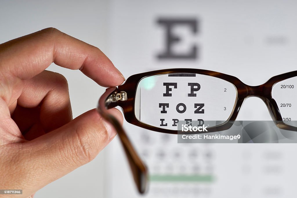 Eyeglasses Looking through eyeglasses at an eye exam chart. Eye Exam Stock Photo