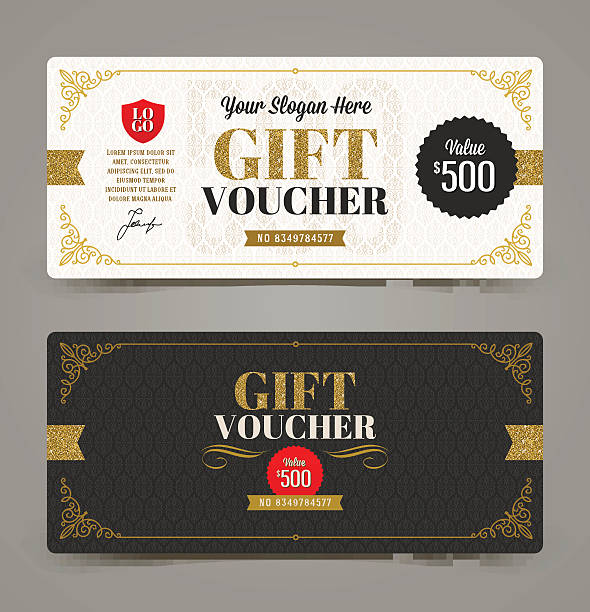 Gift voucher template with glitter gold, Vector illustration. Gift voucher template with glitter gold, Vector illustration, Design for  invitation, certificate, gift coupon, ticket, voucher, diploma etc. success borders stock illustrations