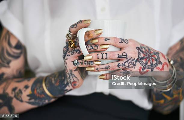 She Loves Her Tattoos Stock Photo - Download Image Now - Tattoo, Women, Fingernail