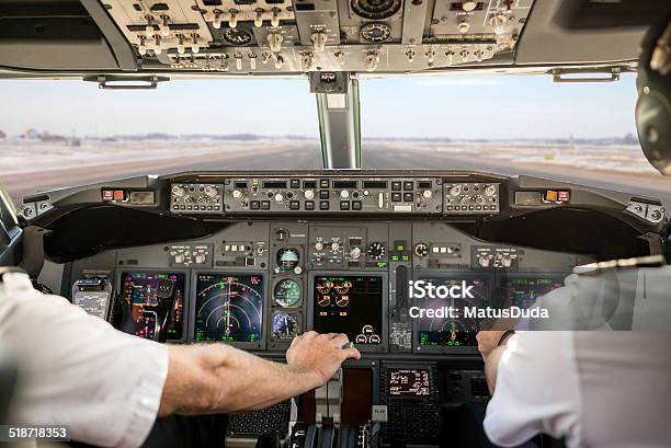 Captain Pulling An Aircraft Throttle Stock Photo - Download Image Now - Cockpit, Pilot, Piloting