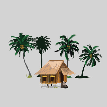 hut with coconut trees in asian countryside.