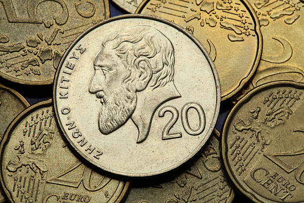 Coins of Cyprus Coins of Cyprus. Greek philosopher Zeno of Citium depicted in the old Cypriot 20 cents coin. ancient coins of greece stock pictures, royalty-free photos & images