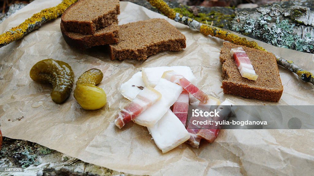 salo (salty bacon) with pickles black bread in the forest Backgrounds Stock Photo