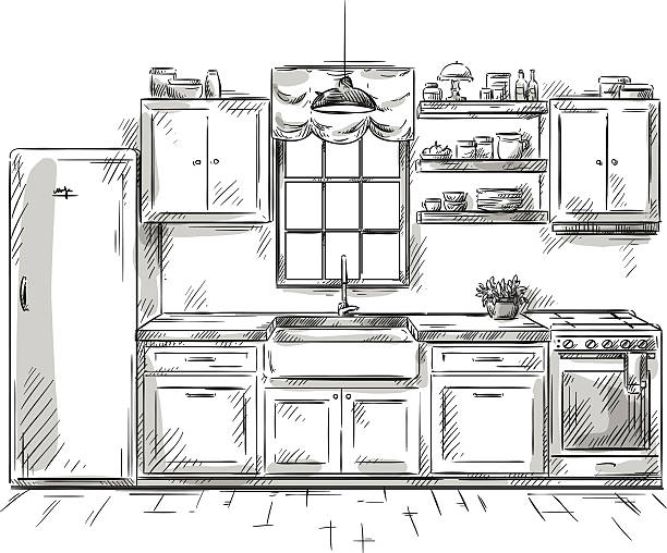 Kitchen interior drawing, vector illustration Kitchen interior drawing, vector illustration michael owen stock illustrations