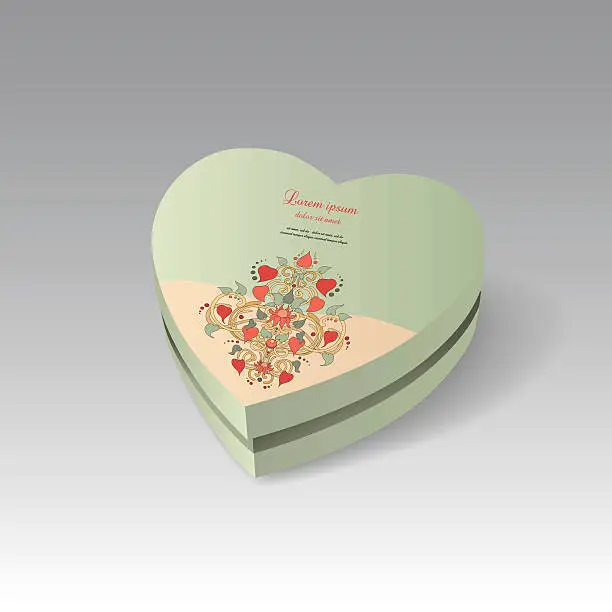 Vector illustration of Gift box in heart shape with floral ornament