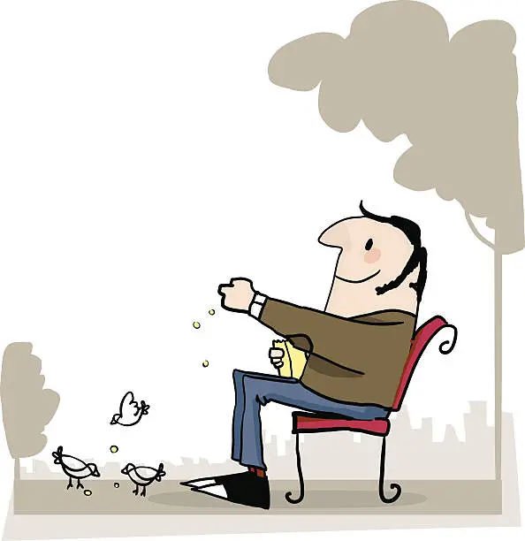 Vector illustration of man feeding birds in the park