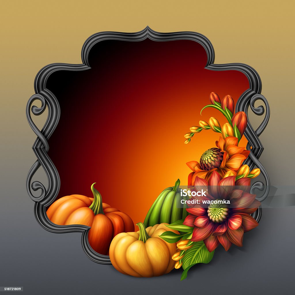 decorative frame with colorful flowers arrangement and pumpkins decorative frame with colorful flowers arrangement and pumpkins, autumn seasonal greetings illustration Abstract stock illustration