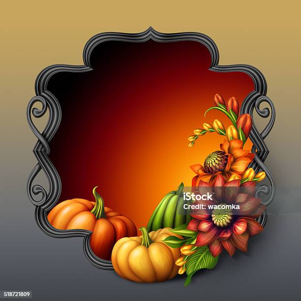 Decorative Frame With Colorful Flowers Arrangement And Pumpkins Stock Illustration - Download Image Now
