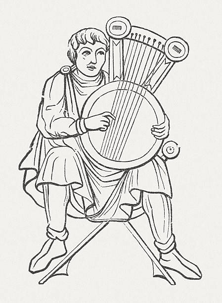 Psaltery, old manuscript from 12th century, wood engraving, published 1877 Psaltery, a stringed instrument of the zither family. Woodcut engraving after an old manuscript from the 12th century from the book "Das Buch der Erfindungen, Gewerbe und Industrien, 2. Band (The book of inventions, commerce and industries, Volume 2)", published by Otto Spamer, Berlin and Leipzig (1877) psaltery stock illustrations