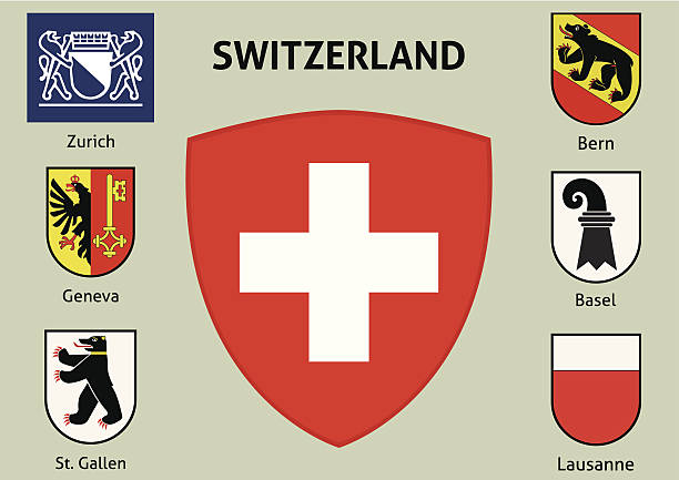 illustrazioni stock, clip art, cartoni animati e icone di tendenza di casacca di arms. città svizzera - eagle tower