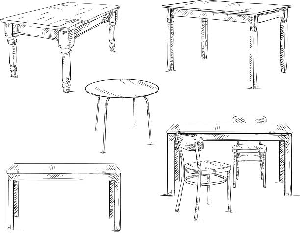 set of hand drawn tables, vector illustration set of hand drawn tables, vector illustration wood table stock illustrations