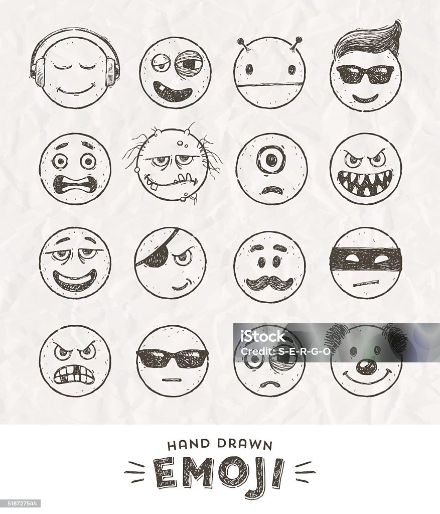 Hand drawn set of Emoticons. Set of Emoji. Smile icons. Hand drawn set of Emoticons. Vector set of Emoji. Smile icons. Vector illustration. Headphones stock vector