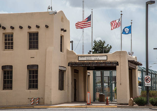 Border checkpoint at Naco Arizona United States entry point and border inspection station on the Mexico border at Naco, Arizona department of homeland security stock pictures, royalty-free photos & images