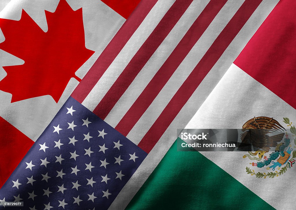 3D Rendering of North American Free Trade Agreement NAFTA Member Closeup of the flags of the North American Free Trade Agreement NAFTA members on textile texture. NAFTA is the world's largest trade bloc and the member countries are Canada, United States and Mexico. 3D rendering with detailed textured grunge effect on closeup. Mexico Stock Photo