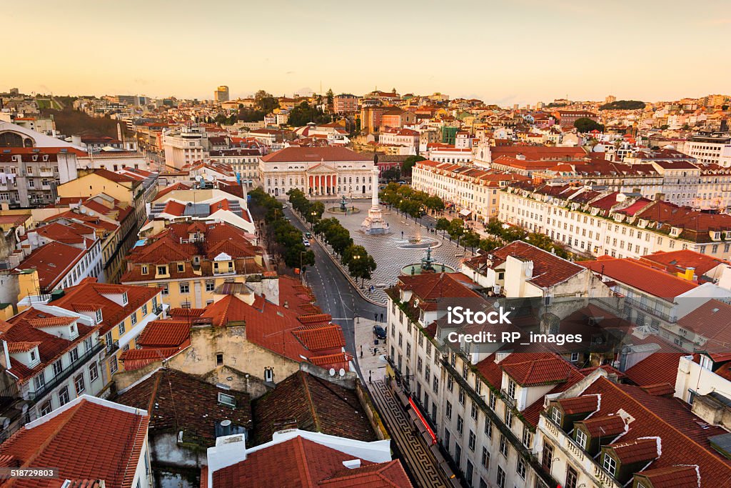 Lisbon , Rossio Square Lisbon at sunset. Rossio square and the surroundings. View from Santa Justa lift. Portugal Rossio Square Stock Photo