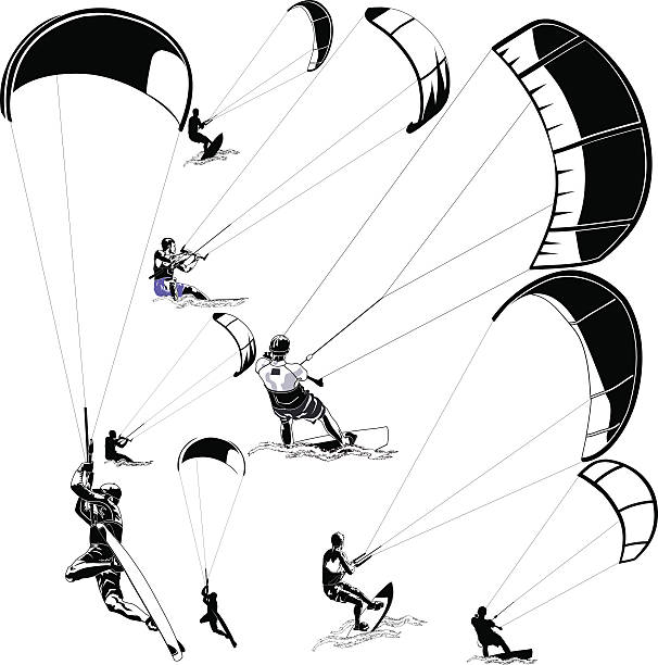 Kitesurfers on white Collection of vector kitesurfers in various poses kiteboarding stock illustrations
