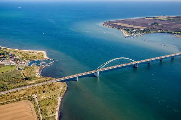 The Fehmarn Sound Bridge connects the German island of Fehmarn in the Baltic Sea with the German mainland near GroÃenbrode.