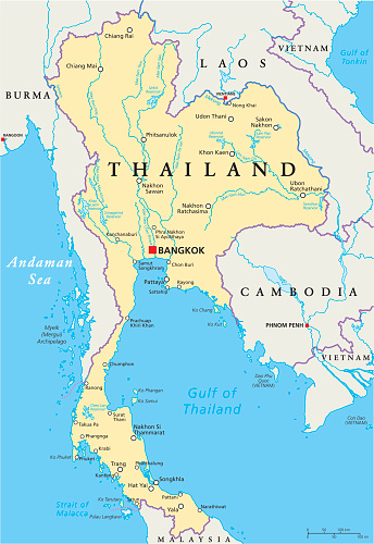 Thailand Political Map with capital Bangkok, national borders, most important cities, rivers and lakes. English labeling and scaling. Illustration.