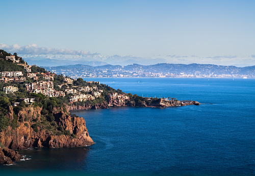 View of Cannes and the Maritime alps from Théoule-sur-Mer, Provence-Alpes-Cote d'Azur, France.  