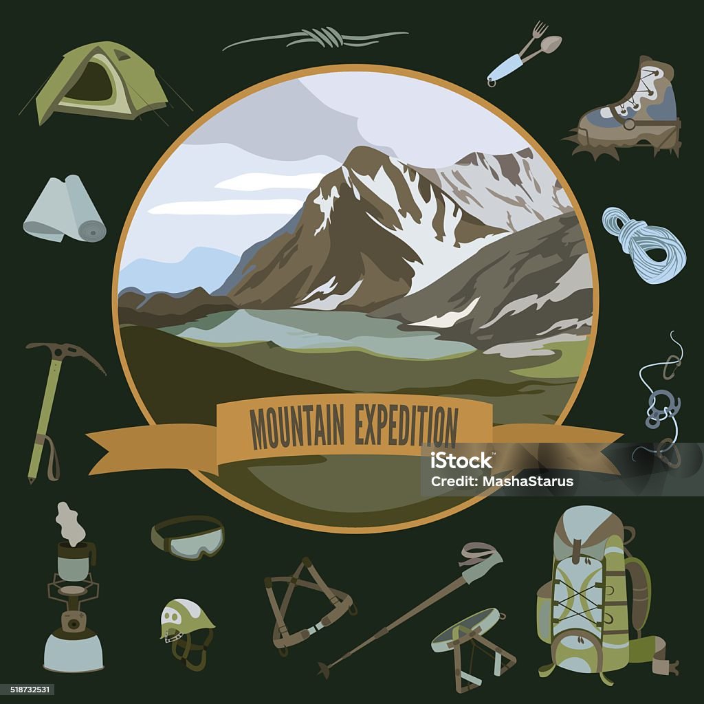 Set of mountaineering icons Vector set of mountaineering icons and mountain landscape Ice Axe stock vector