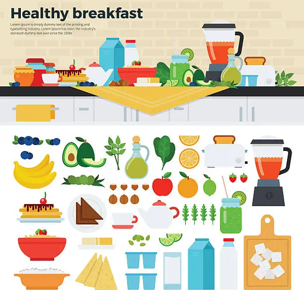 Vector illustration of Healthy breakfast on the table in kitchen