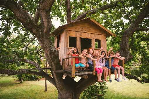 Group of young children with diverse apperances sitting on the porch of a treehouse and waving and smiling at the camera in the branches of a big tree with lush green leaves