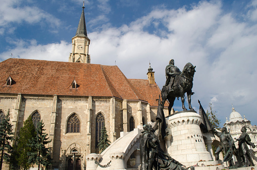 The Church of Saint Michael is a Gothic-style Roman Catholic cathedral in Cluj, second largest church in Transylvania, Romania, completed in 1442-1447.Statue of King Mathias (Matyas, Matei, Corvinus)
