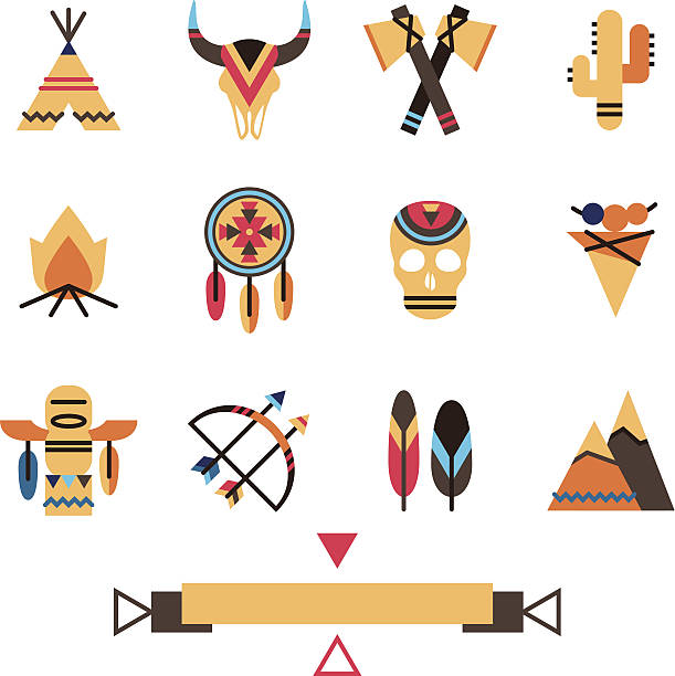 illustrazioni stock, clip art, cartoni animati e icone di tendenza di set di icone tribali colorati - wigwam tent north american tribal culture indigenous culture